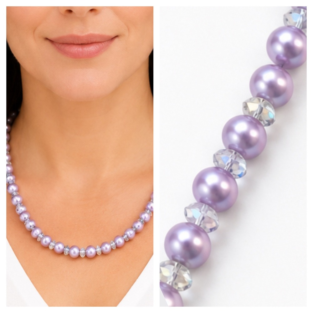 Lavender Faux Pearl w/Crystal Beaded Necklace Silver Toggle Clasp 26" Sparklig